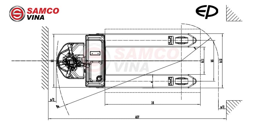 Sơ đồ tính toán bán kính quay xe ngoài Wa và lối đi góc hẹp xe nâng điện EP EPA301