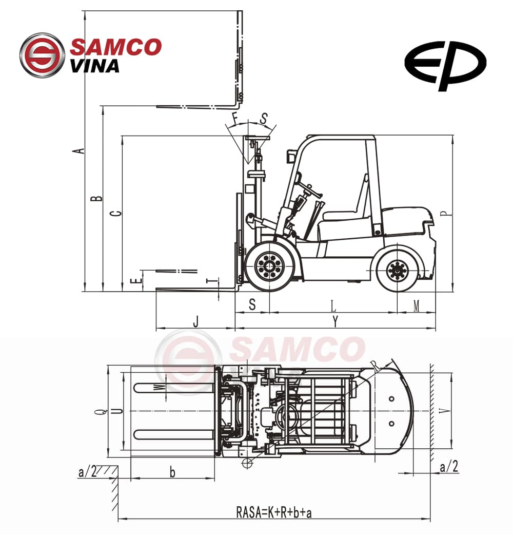 Bản vẽ kỹ thuật và sơ đồ kích thước tổng thể xe nâng dầu EP 2 tấn 2.5 tấn MAX-3 CPC/Q(D)20-25T3