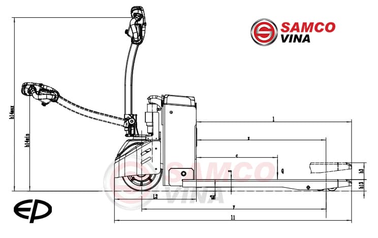 Bản vẽ sơ đồ kích thước hình học góc nhìn ngang của xe nâng tay điện thấp EP EPA301
