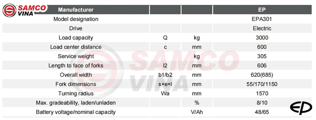 Bảng thông số kỹ thuật chi tiết xe nâng tay điện thấp EP EPA301 tải trọng 3 tấn