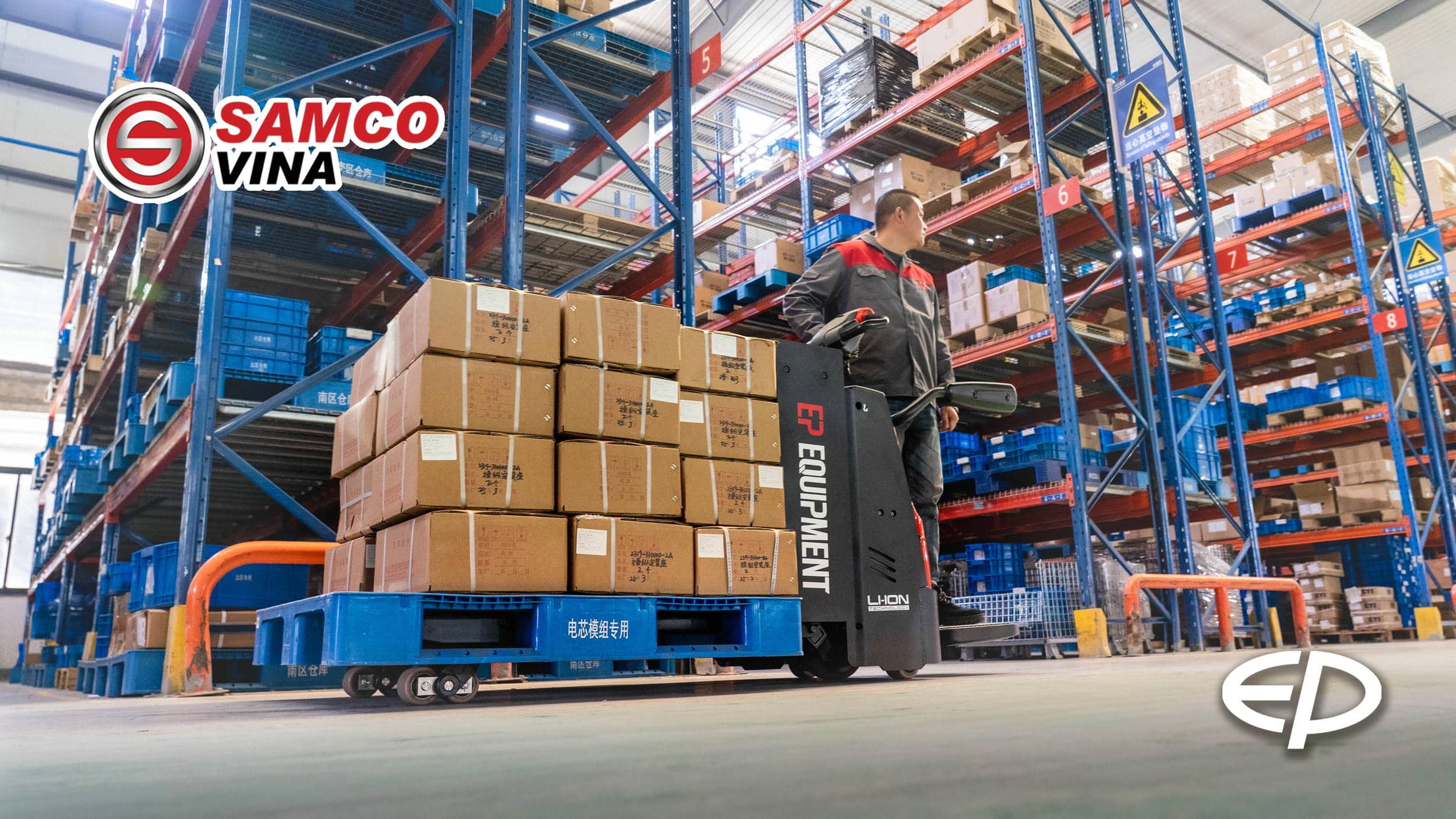 Xe nâng tay điện 2 tấn EP RPL201H kéo pallet hàng hóa nặng trong lối đi hẹp