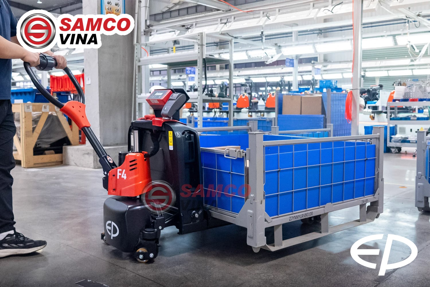 Xe nâng tay điện EP F4 gắn cân kiểm tra trọng lượng lồng hàng