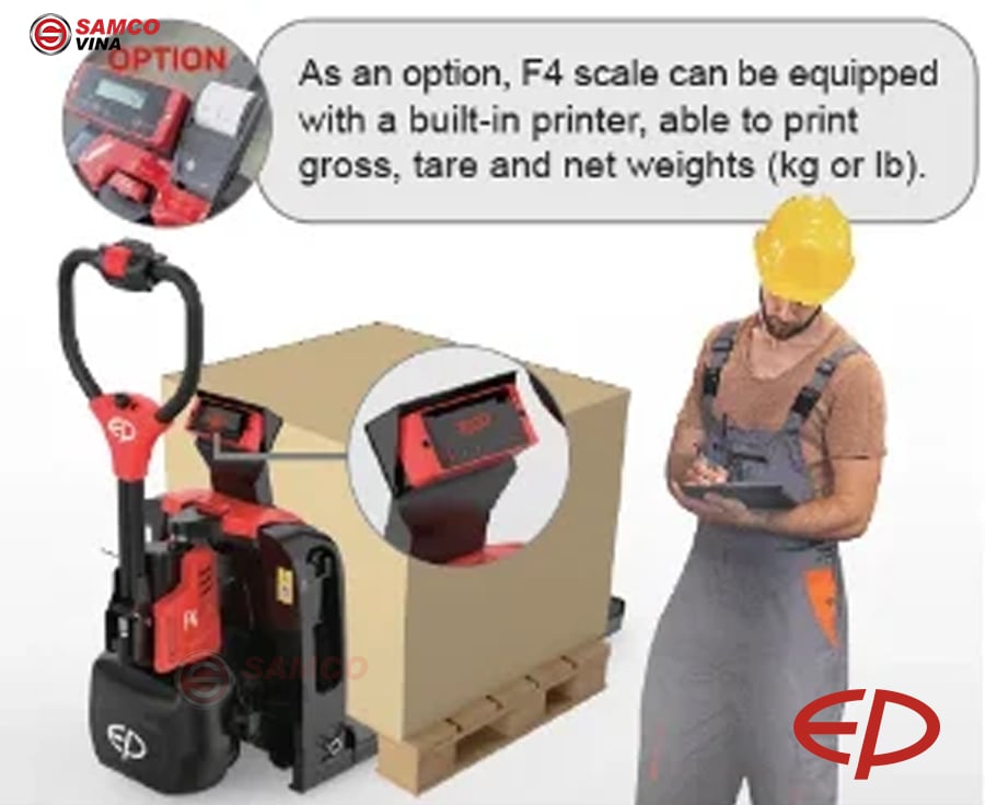 Xe Nâng Tay Điện MINI EP F4 có thể in phiếu cân tại chỗ với tùy chọn máy in nhiệt mini