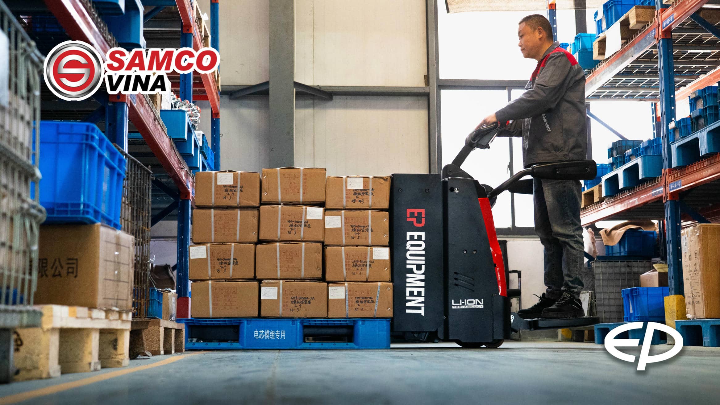 Tổng quan góc ngang xe nâng tay điện có bệ đứng EP RPL201H pin Lithium 2.0 tấn