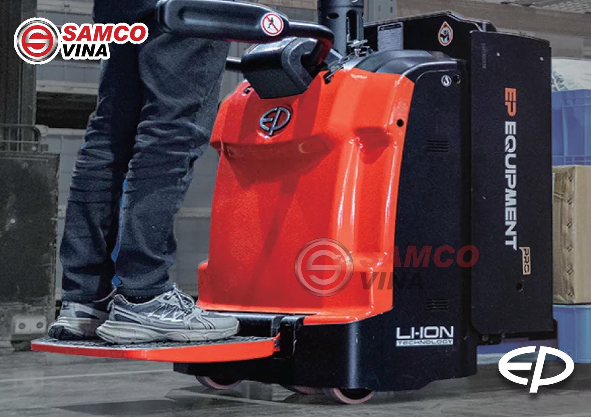Xe nâng tay điện EP RPL20 PRO trang bị bệ đứng lái gập giảm chấn êm ái